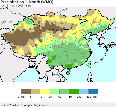 China, Mongolia and Taiwan Precipitation 1-Month (WMO) Thematic Map For 10/6/2023 - 11/5/2023