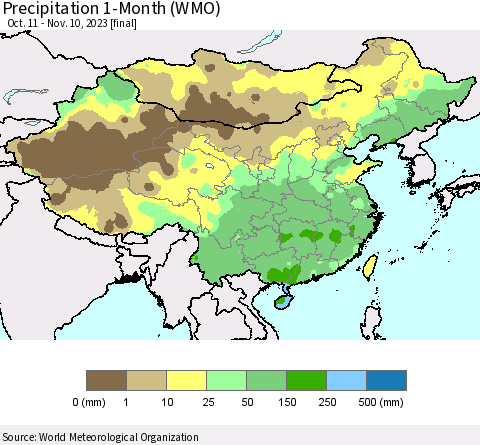 China, Mongolia and Taiwan Precipitation 1-Month (WMO) Thematic Map For 10/11/2023 - 11/10/2023