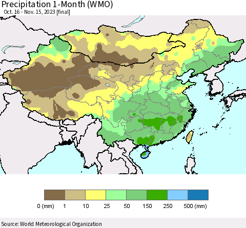 China, Mongolia and Taiwan Precipitation 1-Month (WMO) Thematic Map For 10/16/2023 - 11/15/2023