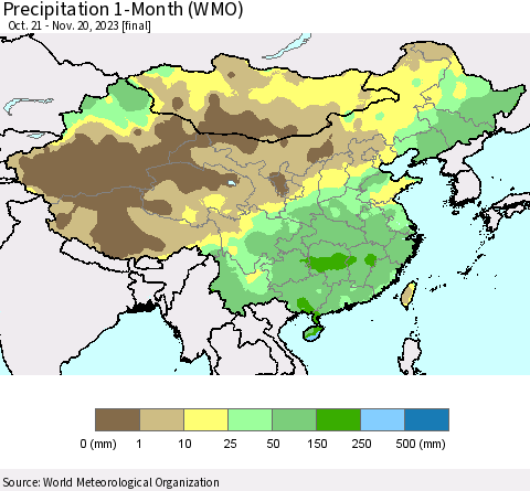 China, Mongolia and Taiwan Precipitation 1-Month (WMO) Thematic Map For 10/21/2023 - 11/20/2023