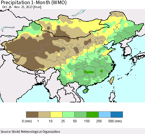 China, Mongolia and Taiwan Precipitation 1-Month (WMO) Thematic Map For 10/26/2023 - 11/25/2023