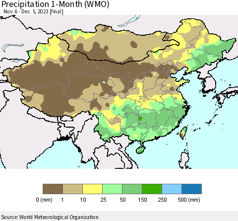 China, Mongolia and Taiwan Precipitation 1-Month (WMO) Thematic Map For 11/6/2023 - 12/5/2023