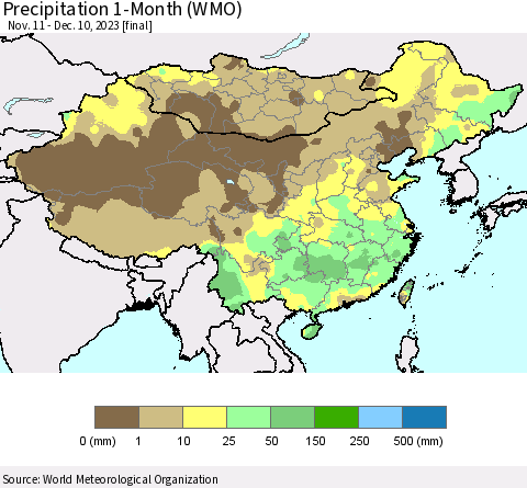China, Mongolia and Taiwan Precipitation 1-Month (WMO) Thematic Map For 11/11/2023 - 12/10/2023