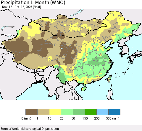 China, Mongolia and Taiwan Precipitation 1-Month (WMO) Thematic Map For 11/16/2023 - 12/15/2023