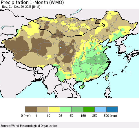 China, Mongolia and Taiwan Precipitation 1-Month (WMO) Thematic Map For 11/21/2023 - 12/20/2023