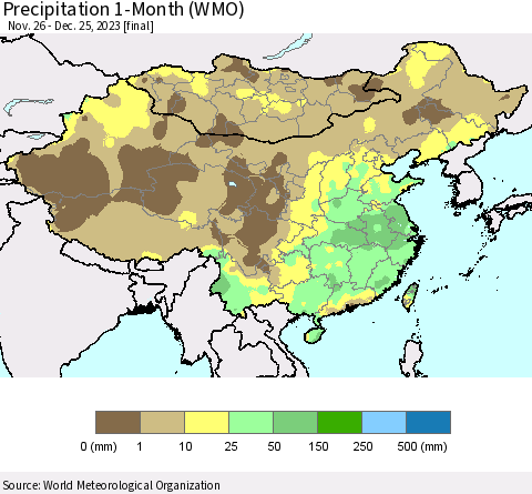 China, Mongolia and Taiwan Precipitation 1-Month (WMO) Thematic Map For 11/26/2023 - 12/25/2023