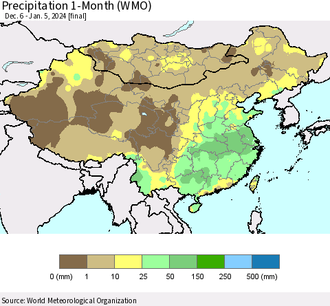 China, Mongolia and Taiwan Precipitation 1-Month (WMO) Thematic Map For 12/6/2023 - 1/5/2024