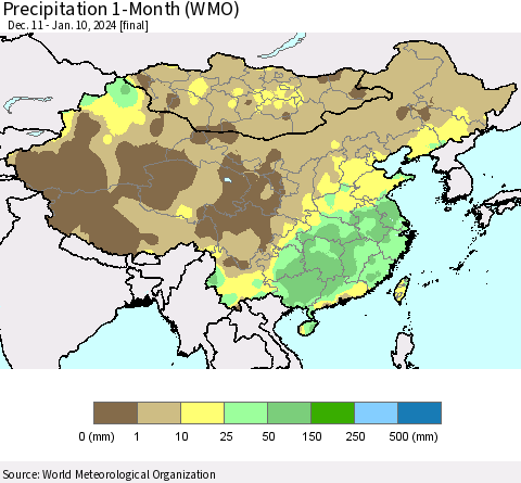 China, Mongolia and Taiwan Precipitation 1-Month (WMO) Thematic Map For 12/11/2023 - 1/10/2024