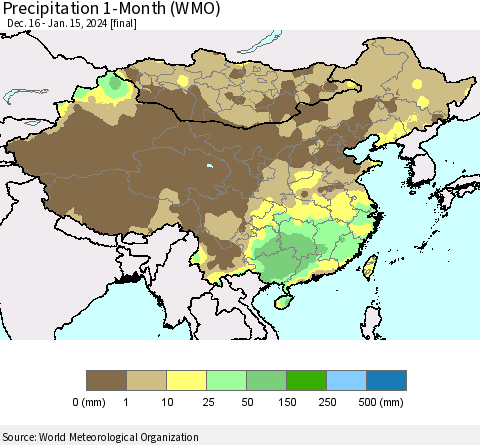 China, Mongolia and Taiwan Precipitation 1-Month (WMO) Thematic Map For 12/16/2023 - 1/15/2024
