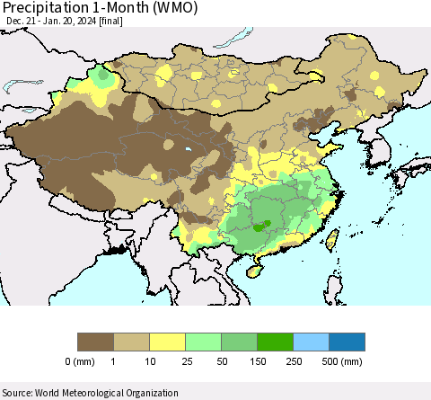 China, Mongolia and Taiwan Precipitation 1-Month (WMO) Thematic Map For 12/21/2023 - 1/20/2024