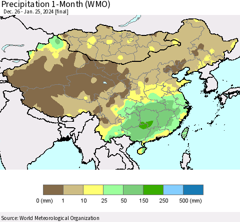 China, Mongolia and Taiwan Precipitation 1-Month (WMO) Thematic Map For 12/26/2023 - 1/25/2024