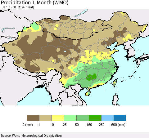 China, Mongolia and Taiwan Precipitation 1-Month (WMO) Thematic Map For 1/1/2024 - 1/31/2024