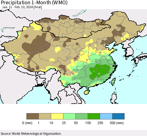 China, Mongolia and Taiwan Precipitation 1-Month (WMO) Thematic Map For 1/11/2024 - 2/10/2024