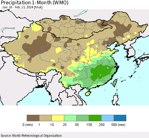 China, Mongolia and Taiwan Precipitation 1-Month (WMO) Thematic Map For 1/16/2024 - 2/15/2024