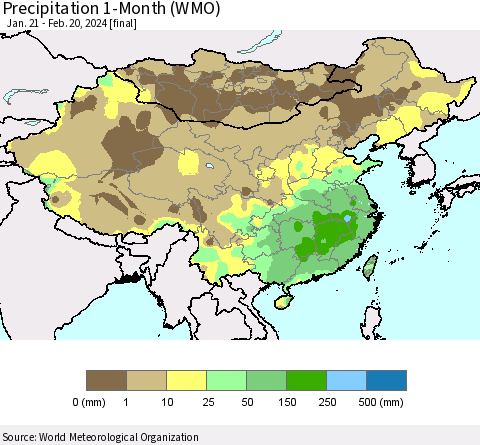 China, Mongolia and Taiwan Precipitation 1-Month (WMO) Thematic Map For 1/21/2024 - 2/20/2024