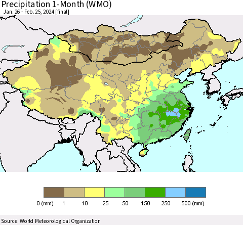 China, Mongolia and Taiwan Precipitation 1-Month (WMO) Thematic Map For 1/26/2024 - 2/25/2024