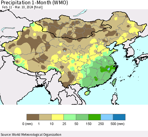 China, Mongolia and Taiwan Precipitation 1-Month (WMO) Thematic Map For 2/11/2024 - 3/10/2024