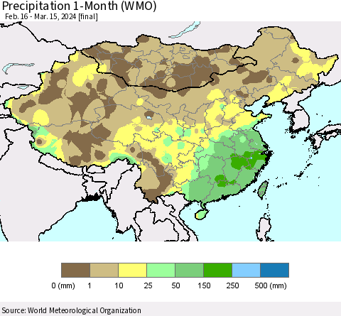 China, Mongolia and Taiwan Precipitation 1-Month (WMO) Thematic Map For 2/16/2024 - 3/15/2024
