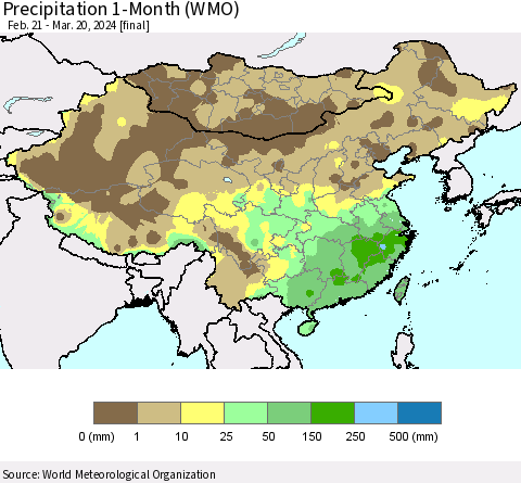 China, Mongolia and Taiwan Precipitation 1-Month (WMO) Thematic Map For 2/21/2024 - 3/20/2024