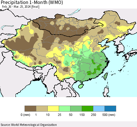 China, Mongolia and Taiwan Precipitation 1-Month (WMO) Thematic Map For 2/26/2024 - 3/25/2024