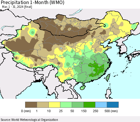China, Mongolia and Taiwan Precipitation 1-Month (WMO) Thematic Map For 3/1/2024 - 3/31/2024