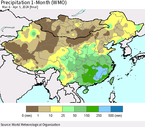 China, Mongolia and Taiwan Precipitation 1-Month (WMO) Thematic Map For 3/6/2024 - 4/5/2024