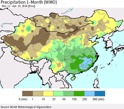 China, Mongolia and Taiwan Precipitation 1-Month (WMO) Thematic Map For 3/11/2024 - 4/10/2024