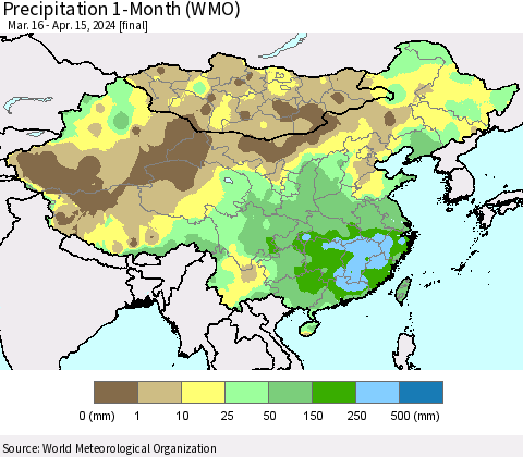China, Mongolia and Taiwan Precipitation 1-Month (WMO) Thematic Map For 3/16/2024 - 4/15/2024