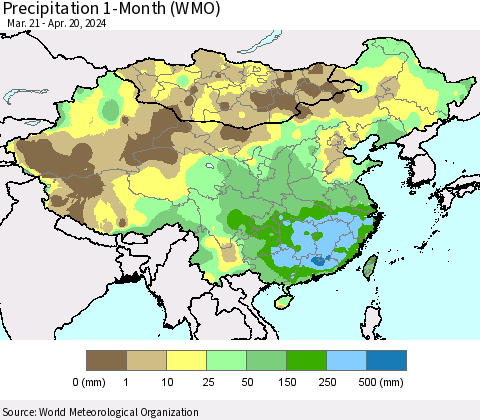 China, Mongolia and Taiwan Precipitation 1-Month (WMO) Thematic Map For 3/21/2024 - 4/20/2024