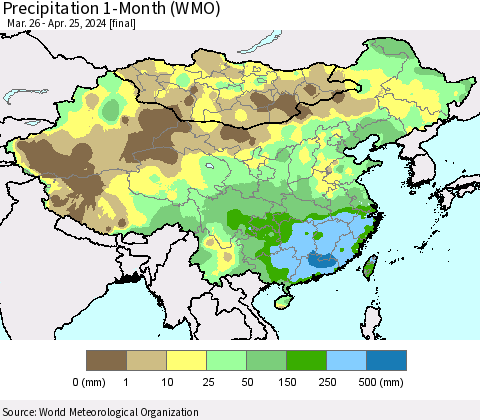 China, Mongolia and Taiwan Precipitation 1-Month (WMO) Thematic Map For 3/26/2024 - 4/25/2024