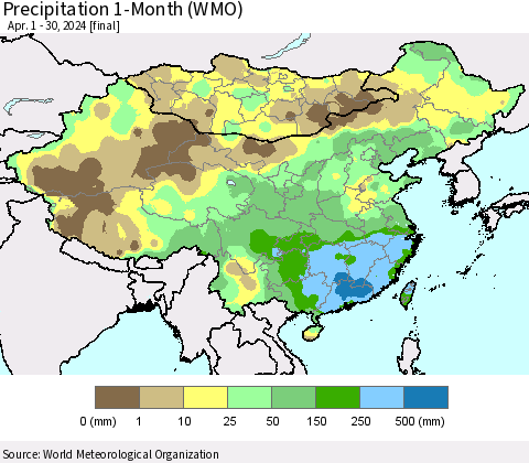 China, Mongolia and Taiwan Precipitation 1-Month (WMO) Thematic Map For 4/1/2024 - 4/30/2024