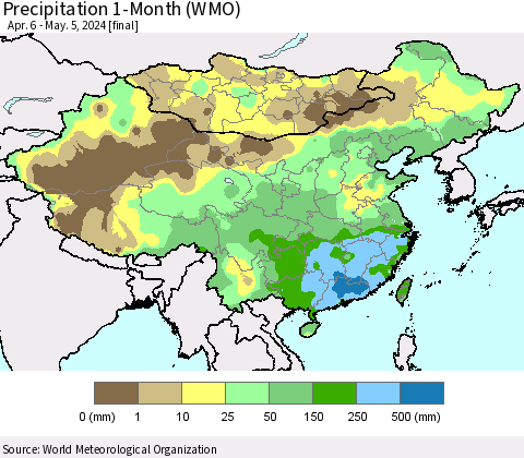 China, Mongolia and Taiwan Precipitation 1-Month (WMO) Thematic Map For 4/6/2024 - 5/5/2024