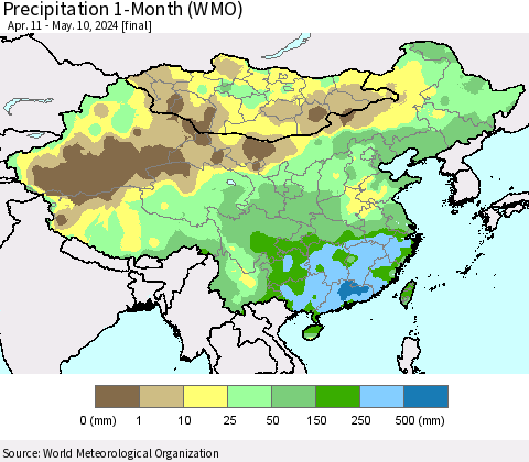 China, Mongolia and Taiwan Precipitation 1-Month (WMO) Thematic Map For 4/11/2024 - 5/10/2024