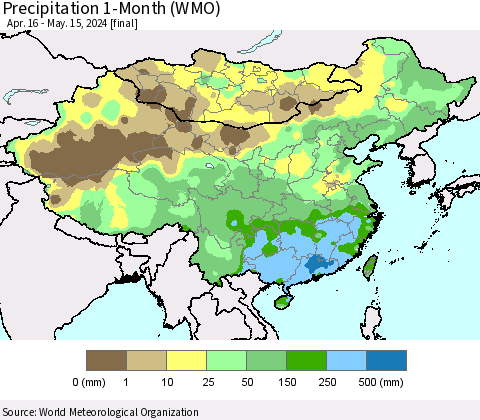 China, Mongolia and Taiwan Precipitation 1-Month (WMO) Thematic Map For 4/16/2024 - 5/15/2024