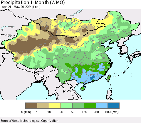 China, Mongolia and Taiwan Precipitation 1-Month (WMO) Thematic Map For 4/21/2024 - 5/20/2024