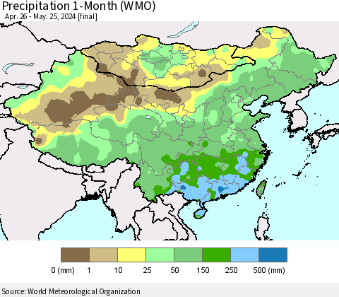 China, Mongolia and Taiwan Precipitation 1-Month (WMO) Thematic Map For 4/26/2024 - 5/25/2024