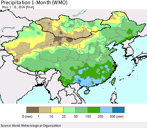 China, Mongolia and Taiwan Precipitation 1-Month (WMO) Thematic Map For 5/1/2024 - 5/31/2024