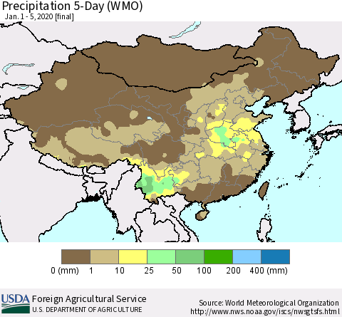 China, Mongolia and Taiwan Precipitation 5-Day (WMO) Thematic Map For 1/1/2020 - 1/5/2020