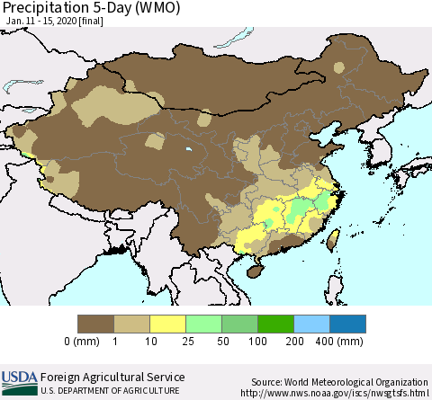 China, Mongolia and Taiwan Precipitation 5-Day (WMO) Thematic Map For 1/11/2020 - 1/15/2020