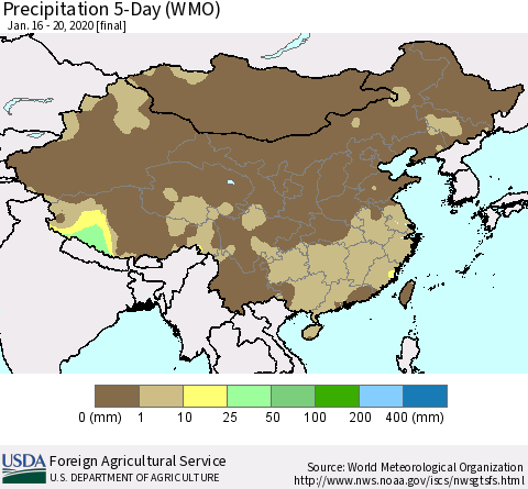 China, Mongolia and Taiwan Precipitation 5-Day (WMO) Thematic Map For 1/16/2020 - 1/20/2020