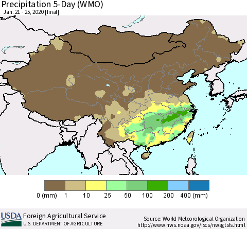 China, Mongolia and Taiwan Precipitation 5-Day (WMO) Thematic Map For 1/21/2020 - 1/25/2020