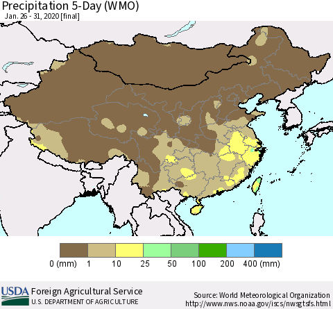 China, Mongolia and Taiwan Precipitation 5-Day (WMO) Thematic Map For 1/26/2020 - 1/31/2020
