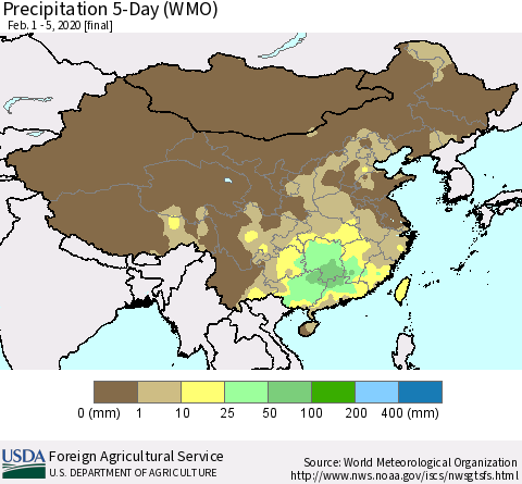 China, Mongolia and Taiwan Precipitation 5-Day (WMO) Thematic Map For 2/1/2020 - 2/5/2020