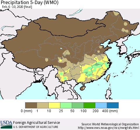 China, Mongolia and Taiwan Precipitation 5-Day (WMO) Thematic Map For 2/6/2020 - 2/10/2020