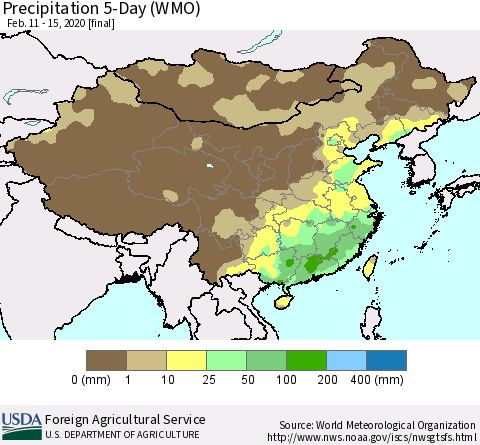 China, Mongolia and Taiwan Precipitation 5-Day (WMO) Thematic Map For 2/11/2020 - 2/15/2020