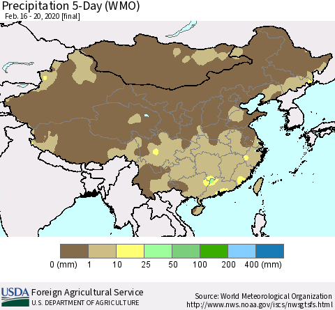 China, Mongolia and Taiwan Precipitation 5-Day (WMO) Thematic Map For 2/16/2020 - 2/20/2020