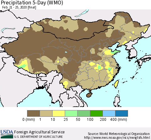 China, Mongolia and Taiwan Precipitation 5-Day (WMO) Thematic Map For 2/21/2020 - 2/25/2020