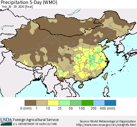 China, Mongolia and Taiwan Precipitation 5-Day (WMO) Thematic Map For 2/26/2020 - 2/29/2020