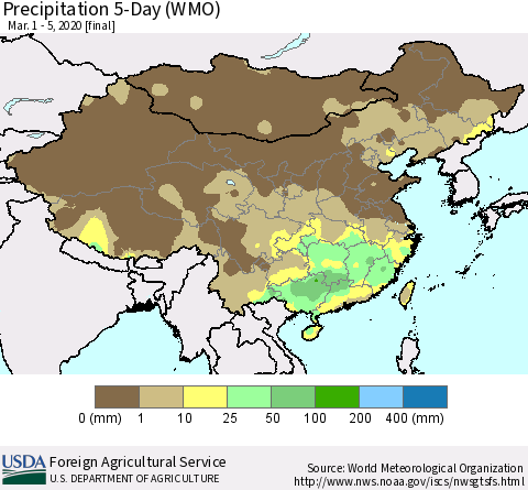 China, Mongolia and Taiwan Precipitation 5-Day (WMO) Thematic Map For 3/1/2020 - 3/5/2020