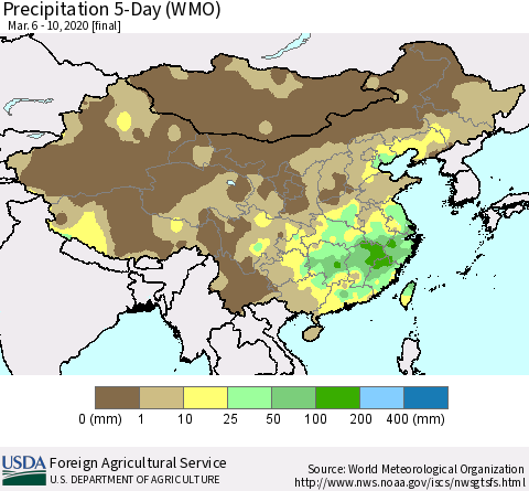 China, Mongolia and Taiwan Precipitation 5-Day (WMO) Thematic Map For 3/6/2020 - 3/10/2020